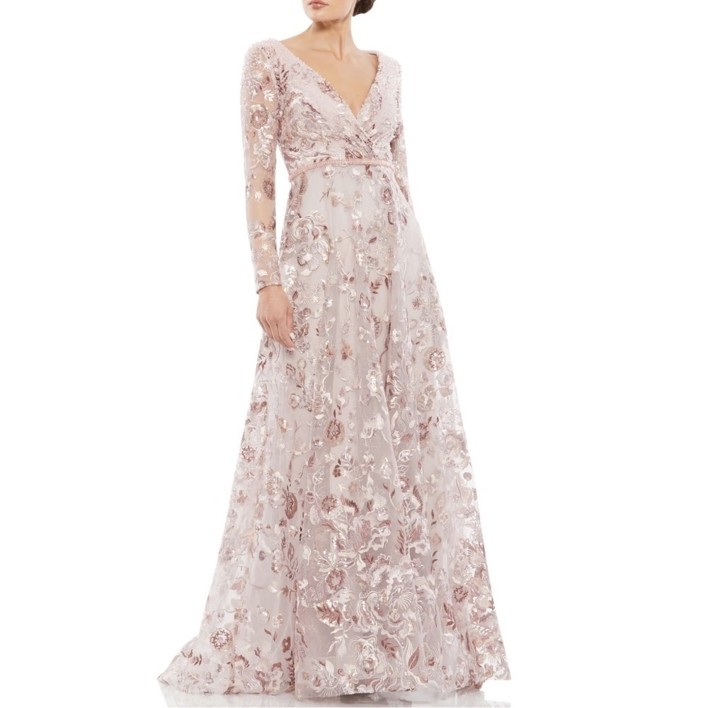 Nwt Mac Duggal Embellished V Neck Illusion Long Sleeve A Line Gown In Ro — image 2 of 4